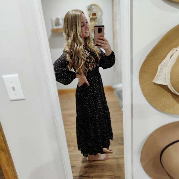 Boho gypsy floral embroidered dot black maxi dress sheer long sleeve - Picture 10 of 10